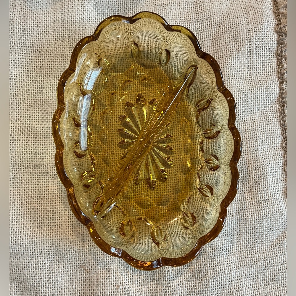 Vintage Amber gold Oval Divided Dish